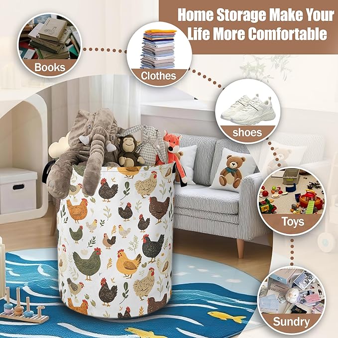Cute Roosters Laundry Basket,Chicken Hens Plants Collapsible Laundry Hamper Waterproof Oxford Cloth With Handles,Clothes Storage Bucket Toy Organizer For Bathroom/Nursery/Bedroom 16" x 20.8"