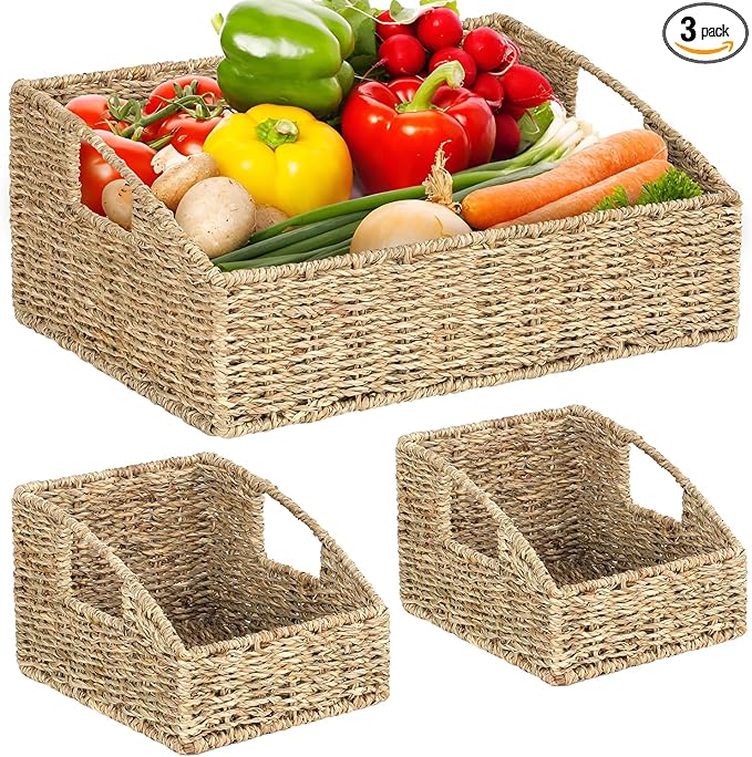 Set of 3 Handwoven Seagrass Storage Baskets – Decorative Natural Wicker Organizer Bins with Built-in Handles for Bathroom, Kitchen, Pantry, Nursery, Closet, Laundry, Living Room, and Home Use