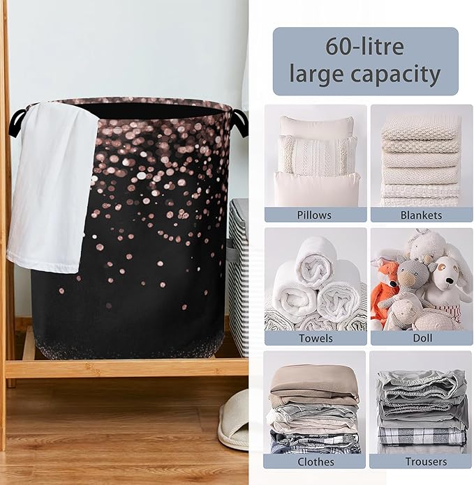 Pink Glitter Laundry Hamper,Dirty Clothes Laundry Basket with Handles Waterproof Oxford Cloth Storage Basket for College Dorms Bathroom Bedroom 16" x 20.8"