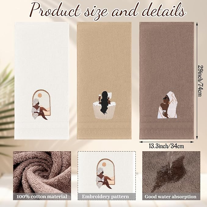 3 Pcs African American Woman Hand Towels for Bathroom African Black Girl Bathroom Decor Brown Decorative Farmhouse 100% Cotton Embroidered Kitchen Towels, 13.3 x 29.5''