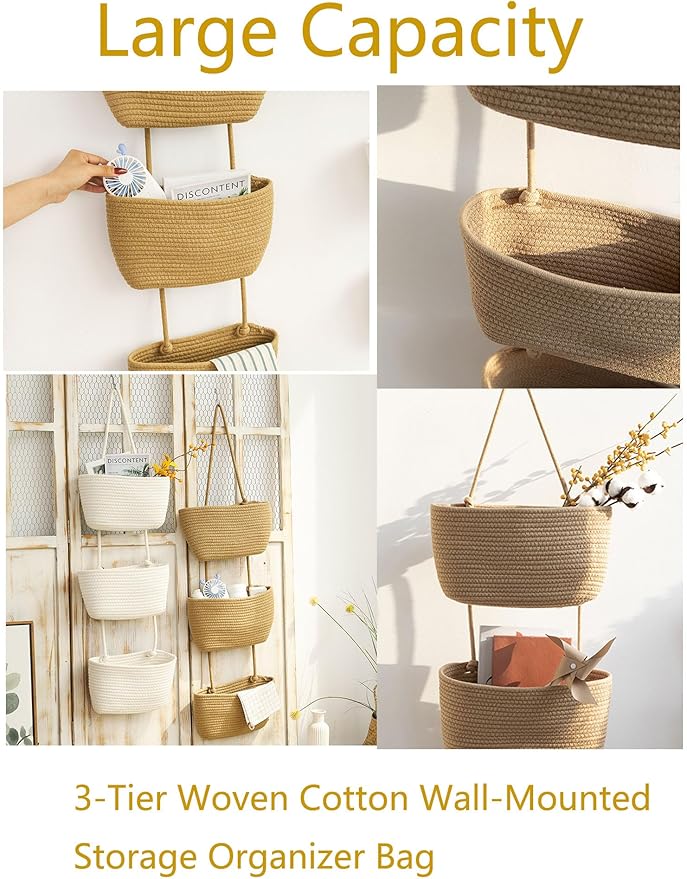 YYaaloa Woven Cotton Hanging Baskets for Organizing Decor 3-Tier Over the Door Wall-Mounted Storage Bag Nursery Baskets for Organizing Living Room, Bathroom and Bedroom (White+Pink)