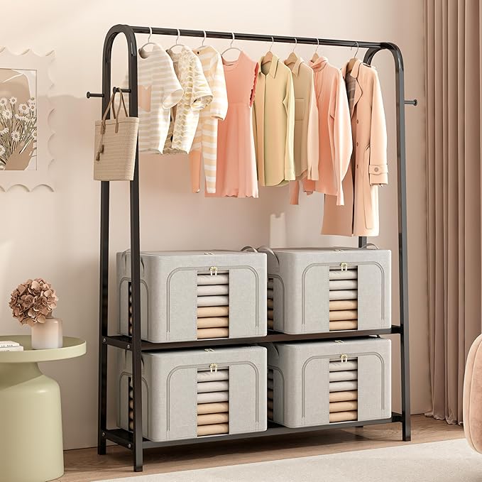 Pinkpum 3 Pack Clothes Storage Bins with Metal Frame, Closet Organizers and Storage Boxes, Sturdy Stackable & Foldable Clothes Organizer Bags with Clear Window & Long Carry Handles, Grey 40L