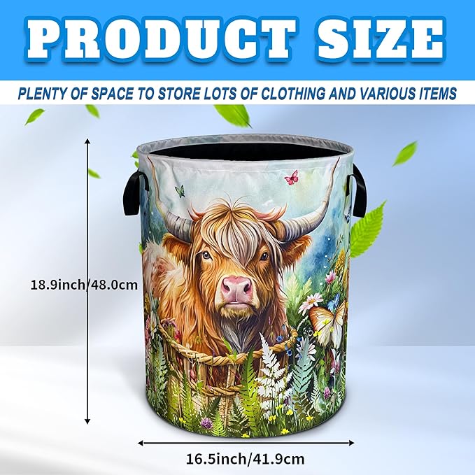 Highland Cow Laundry Basket Longhorn Cattle Oxford Cloth Laundry Hamper With Handle Foldable Portable Clothes Storage Basket 18.9 X 16.5 Inch Storage Bag For Laundry Room/Bathroom/Bedroom