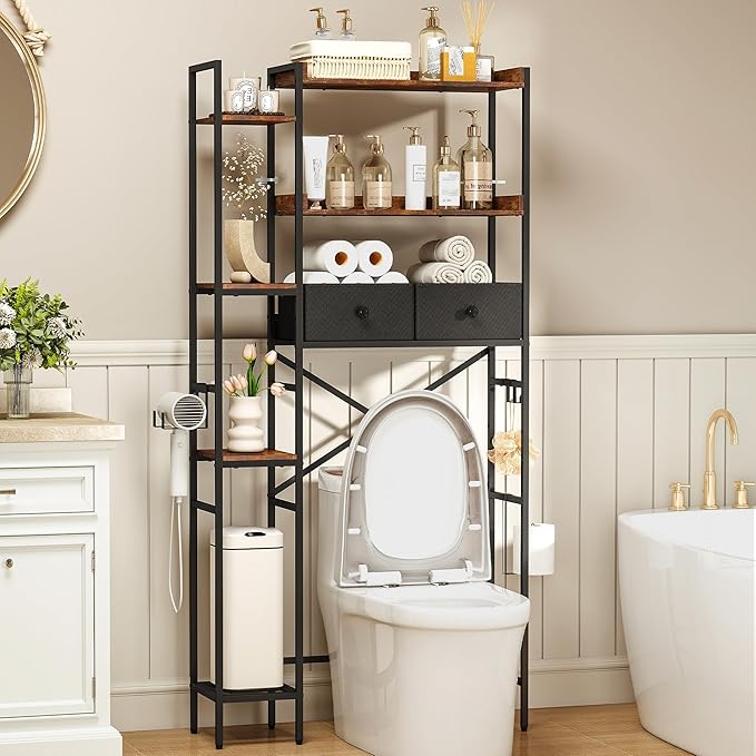 Over The Toilet Storage Shelf with Drawer, 7-Tier Above Toilet Bathroom Organizer with 4 Adjustable Side Shelves, Space Saver Freestanding Rack with Holder & Hook for Laundry Kitchen (Brown)