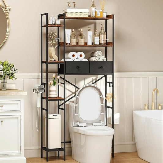 Over The Toilet Storage Shelf with Drawer, 7-Tier Above Toilet Bathroom Organizer with 4 Adjustable Side Shelves, Space Saver Freestanding Rack with Holder & Hook for Laundry Kitchen (Brown)