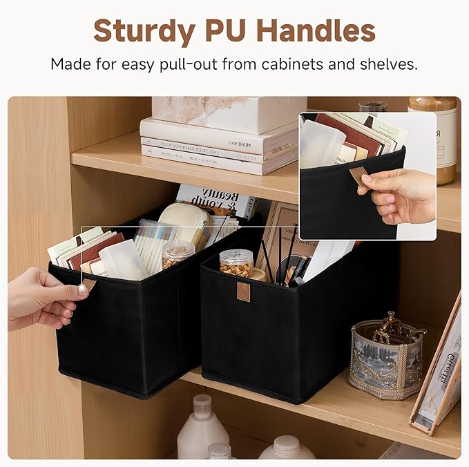 StorageWorks Narrow Baskets for Storage, Fabric Storage Bins, Small Baskets for Organizing with PU Handle, Great for Clothes, Books, and Laundry Items, Black, 2-Pack