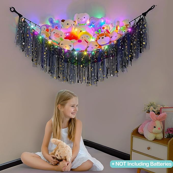 FIOBEE Stuffed Animals Net or Hammock with LED Light, Toy Hammock Hanging Stuffed Animals Storage Organizer Holder Room Décor for Nursery Kids Bedroom