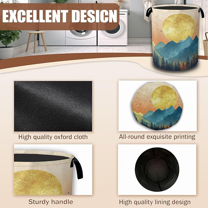 Mountains Sun Nature Scenery Laundry Baskets,Laundry Hamper,Storage Basket with Handles for Bathroom Bedroom College Dormitory Living Room Nursery Organizer 16"x20.8"