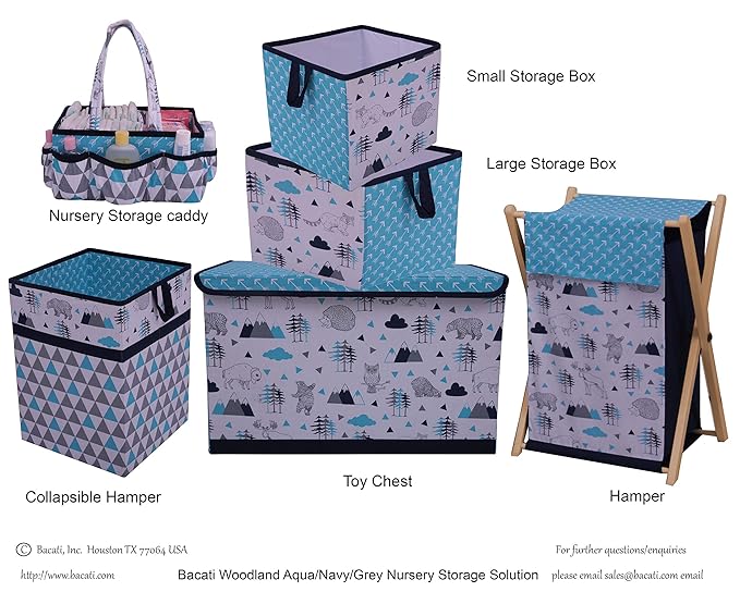 Bacati – Small Storage Tote Woodlands Animals Aqua/Navy/Grey 10X 10 X 10 inches