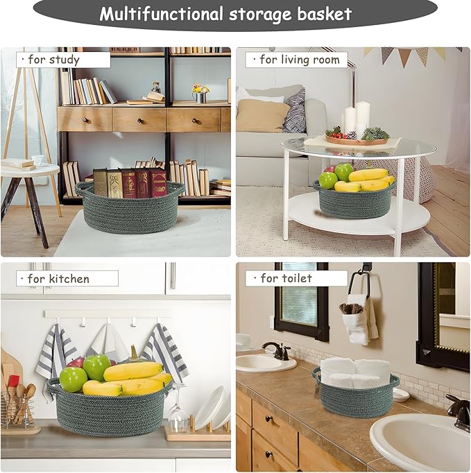 COMFY-HOMI Round Rope Basket with Handles for Shelves,Toys,Book, Cloth Storage Baskets for Organizing-φ11X5 Toy Decorative Organizer for Living Room, Bathroom （green）