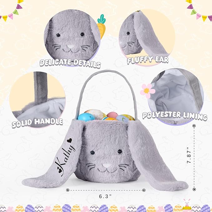 Mostop Personalized Easter Basket, Seersucker Egg Hunt Basket Bags for Easter Gifts