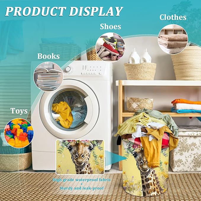 Giraffe Flower Laundry Basket, Foldable Waterproof Oxford Cloth Laundry Hamper Funny Tote Bag Dirty Clothes Storage Bucket Toy Organizer for Bathroom/Laundry/Bedroom 15.7"x19.6"