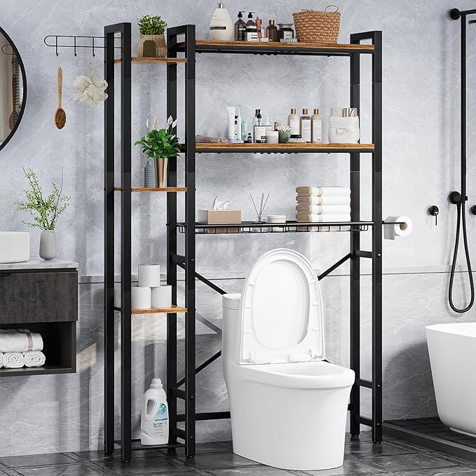 Over The Toilet Storage with Side Shelf, 7 Tier Bathroom Organizer Rack with Paper Holder, Hooks and Basket, Freestanding Above Toilet Shelf for Laundry, Quick Interlock Install (Vintage Brown)