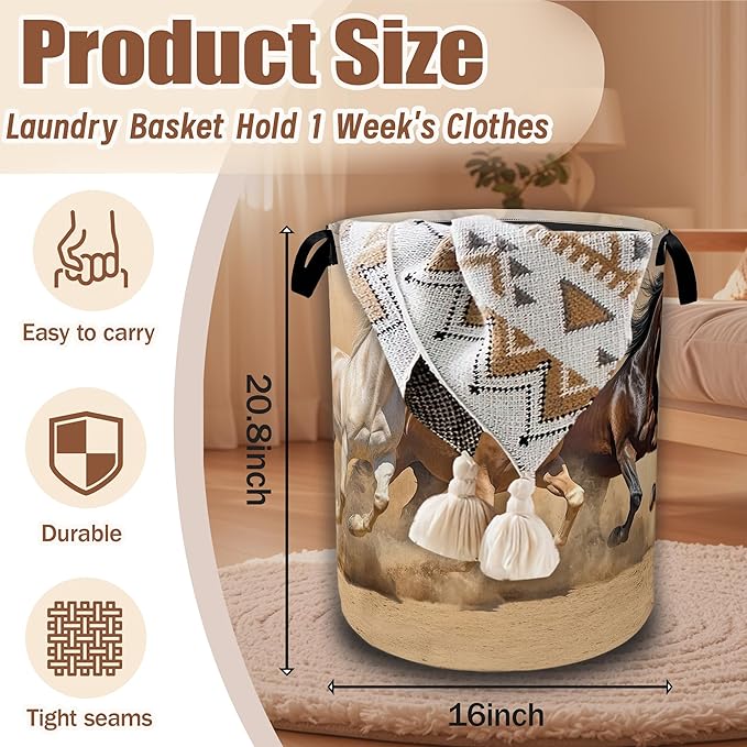 Horses Gallop Laundry Baskets,Laundry Hamper,Storage Basket with Handles for Bathroom Bedroom College Dormitory Living Room Nursery Organizer 16"x20.8"