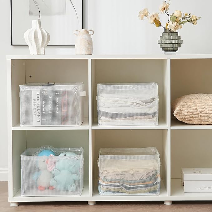 Clear Large Storage Baskets for Shelves, Collapsible Storage Bins with Handles for Clothes, Sheets, Books | Shelf Baskets for Home and Closet Organizer (Clear, 4 Pack)