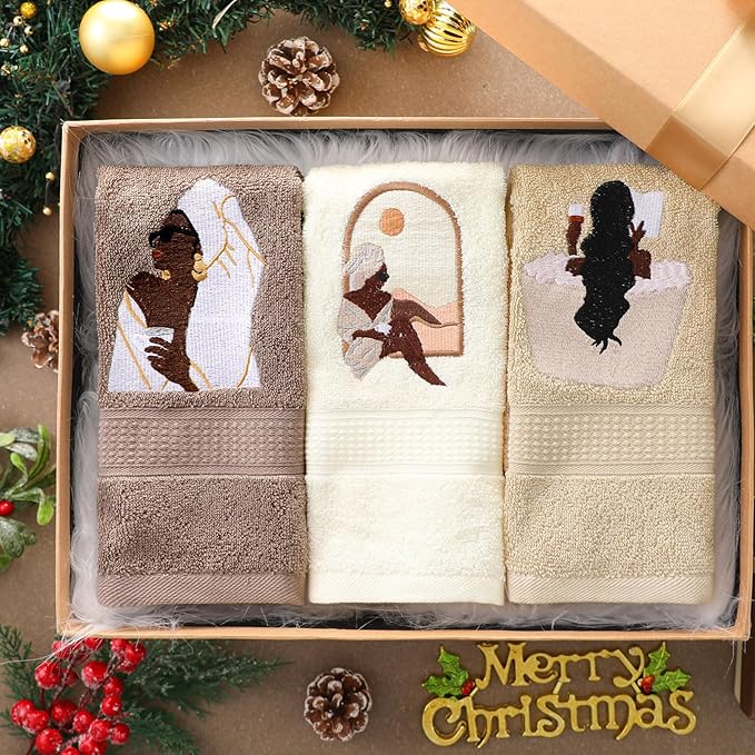 3 Pcs African American Woman Hand Towels for Bathroom African Black Girl Bathroom Decor Brown Decorative Farmhouse 100% Cotton Embroidered Kitchen Towels, 13.3 x 29.5''