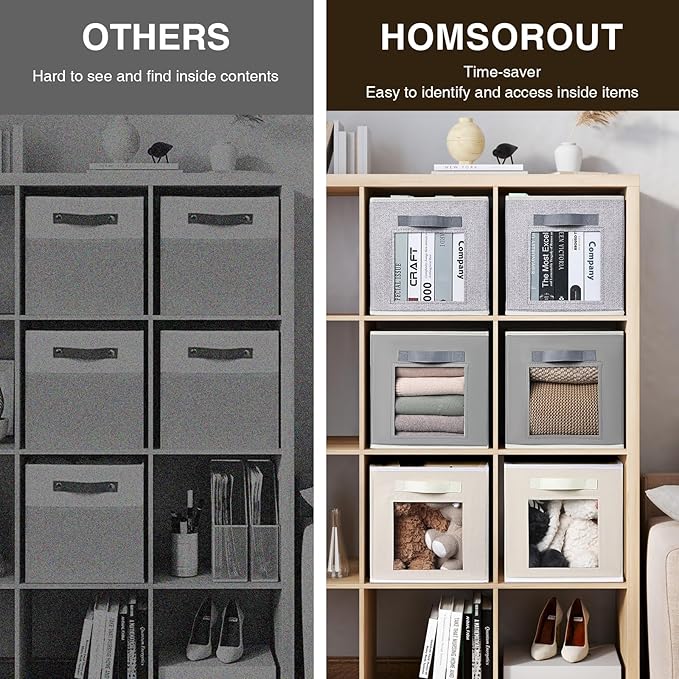Storage Cube 11 Inch - Cube Storage Bins with Window, Closet Storage Baskets with Handle, Fabric Bins for Closet, Shelves, Toys, Clothes, Set of 6, Grey