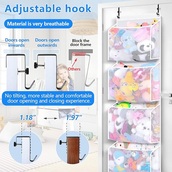 Toread Over the Door Stuffed Animal Organizer (2-pack) Innovative patented design Adjustable hooks, 3D over door stuffed animal storage, 50% more capacity, ideal for plush organizers.