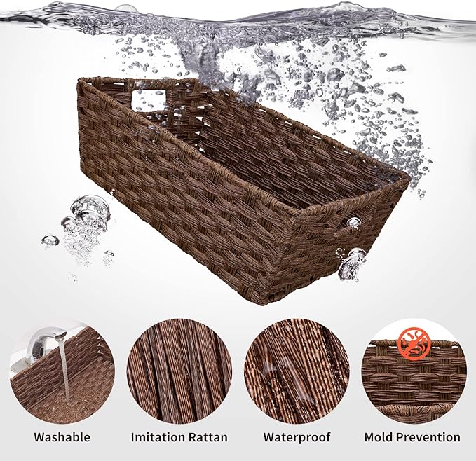 Large Wicker Storage Basket, Metal Frame, Set of 2, Washable Waterproof, 15" x 10.3" x 5.2", Brown Color, Woven Basket for Pantry, Toilet, Bathroom, Bedroom, Patio
