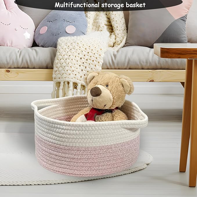 COMFY HOMI Small Woven Gift Baskets with Handles, Gift Bags and Ribbons - Cotton Rope Storage Basket for Organizing, Dog Toy Basket Box, Gift Baskets Empty, Mother’s Day-φ11X5 Inch（white/pink）