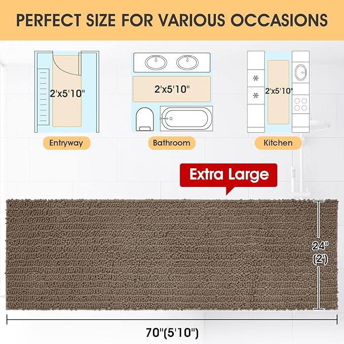 ACCUMTEK Extra Long Upgrade Luxury Dark Beige Bathroom Rug Mat 70"x24", Ultra Soft Thick Absorbent Bath Mats, Non Slip Chenille Toilet Mat for Bathroom, Bedroom, Kitchen, Shower, Tub, Taupe