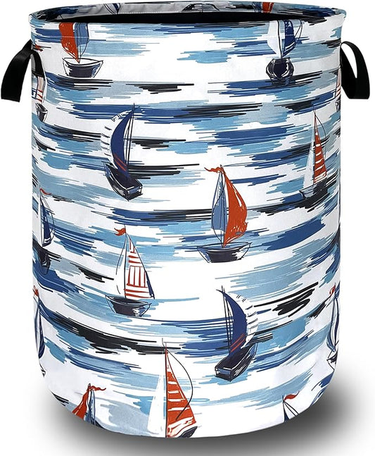 Nautical Laundry Basket Foldable Blue Seafaring Theme Print Laundry Hamper Oxford Cloth Funny Tote Bag Clothes Toy Storage Bucket For Bathroom/Laundry Storage/Bedroom 18.9 x 16.5 Inch