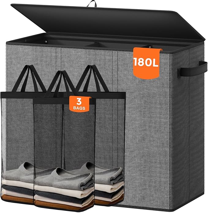 180L Laundry Hamper 3 Section, Large Laundry Hamper with Lid, Dirty Clothes Hampers with Handles, Laundry Basket Organizer for Laundry, Bedroom, Bathroom, Laundry Sorter Baskets, Grey