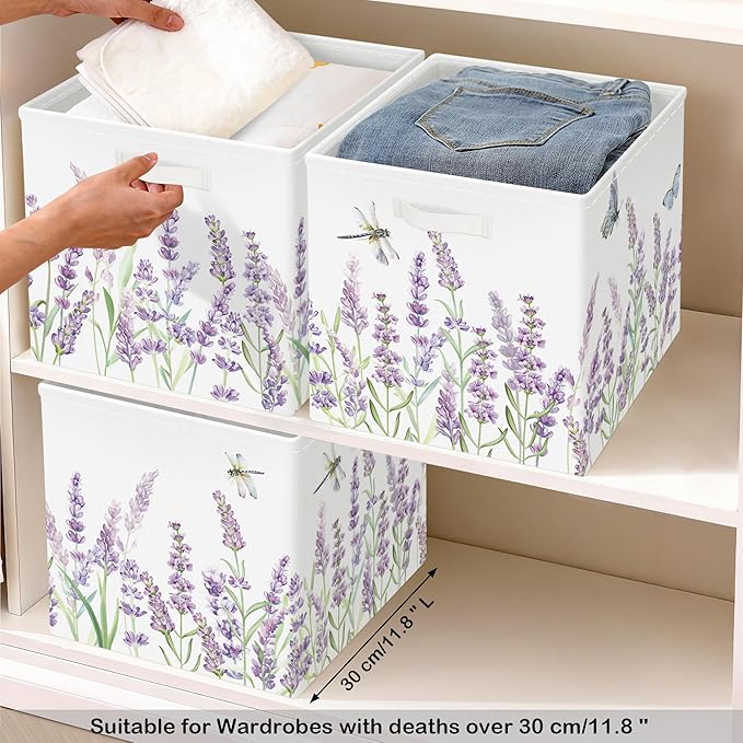 11.8" Wild Flower Storage Cube Organizer Set 3Pcs Clothes Storage Basket Bin for Closet Shelf Garden Butterfly Nursery Kid Room Book Toy Chest, Lavender