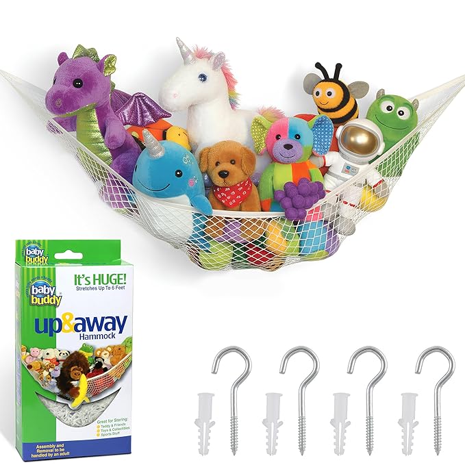 Baby Buddy Stuffed Animal Hammock Storage Net - Corner Space-Saving Toy Organizer for Nursery and Kids Bedroom Organization, Holds 25 Pounds, Easy Wall Mount, White