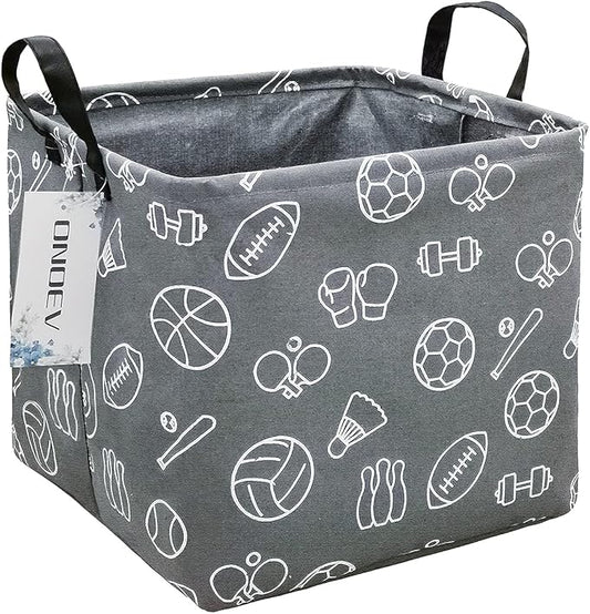 Square Folding Laundry Basket, waterproof Canvas Basket,gift basket,Suitable for children's room,Office,Clothes,Toys Storage(Grey Sports Ball)