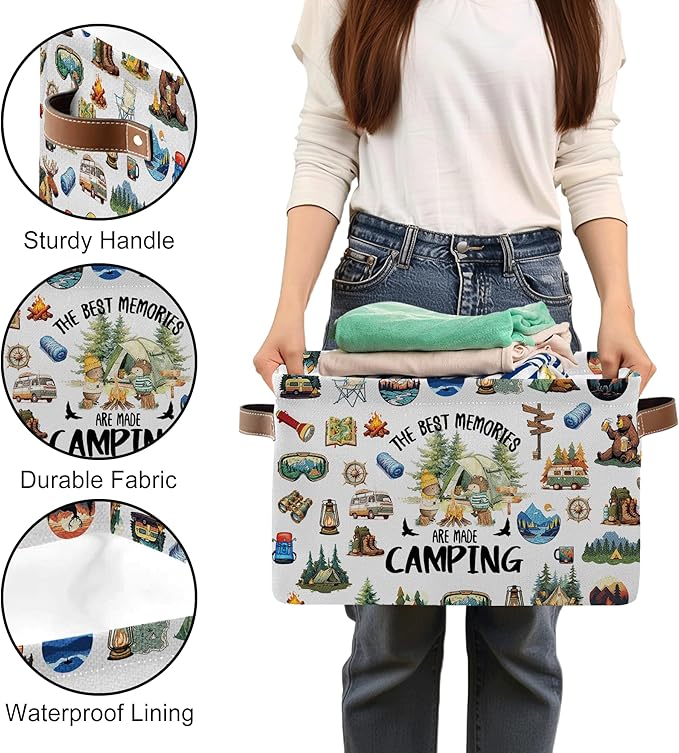 Camping Rectangle Storage Basket - Camping Themed Collapsible Storage Baskets with Handles - Camp out in the Wild Storages Bin for Kids Clothes, Gifts, Books, Toys