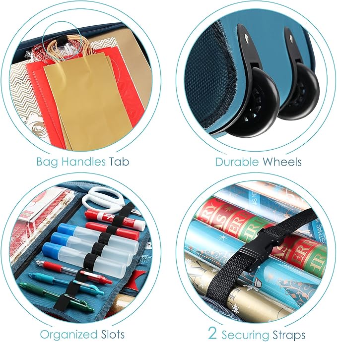 Hearth & Harbor Wrapping Paper Storage Container with Ribbon Dispenser and Interior Pockets - Large Christmas Storage Containers with Wheels, Fits 30 Rolls of 40" Length, Blue