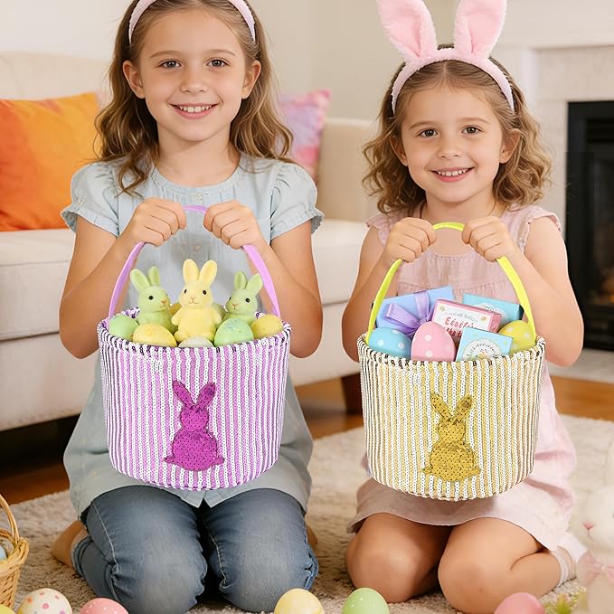 Personalized Easter Basket for Kids, Boys & Girls – Ideal for Egg Hunting & Easter Gift Storage (Purple Sequin Bunny Basket)