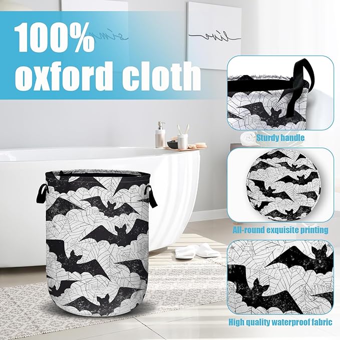 Retro Black White Bat Laundry Basket, Halloween Laundry Hamper Collapsible Oxford Cloth with Handle Clothes Toy Storage Bin for Bathroom Laundry Room Bedroom 15.7 X 20 Inch