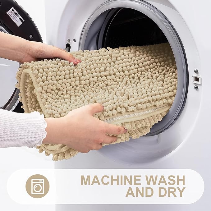 Grandaily Chenille Striped Bathroom Rugs 24x16, Extra Thick and Absorbent Bath Mats, Non-Slip Soft Plush Shaggy Shower Carpet, Machine Wash Dry, Bath Rug for Bathroom, (Small, Beige)