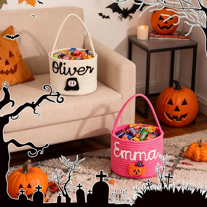 Personalized Halloween Basket, Custom Trick or Treat Bag with Name, Hand-Woven Candy Bucket, Spooky Decor for Boys & Girls (Style 1)