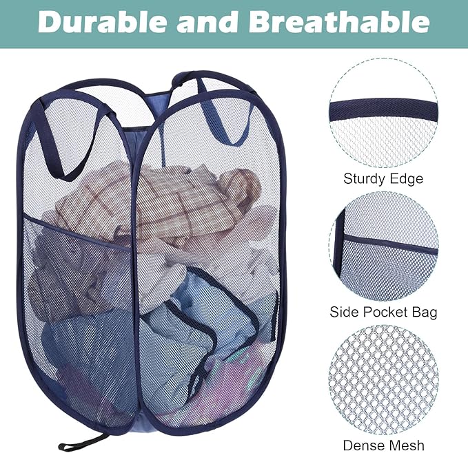 4 Pcs Foldable Mesh Popup Laundry Hamper, Handy Laundry Basket with Easy Carry Handles and Side Pocket Durable Clothes Storage for Bathroom Kids Room Dorm Travel