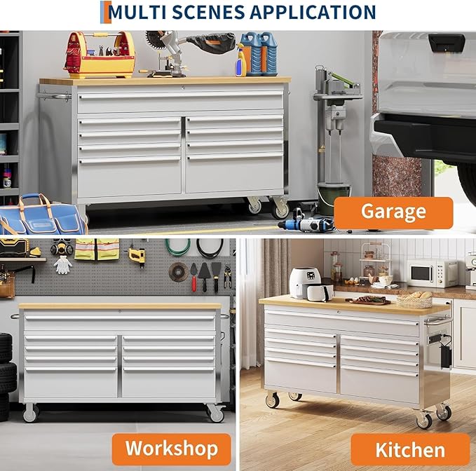 61" Rolling Tool Chest with 9 Drawers, Solid Rubber Wood Workbench Top, Locking Wheels & Key Lock, Mobile Garage Tool Cabinet for Workshop Storage & Organization