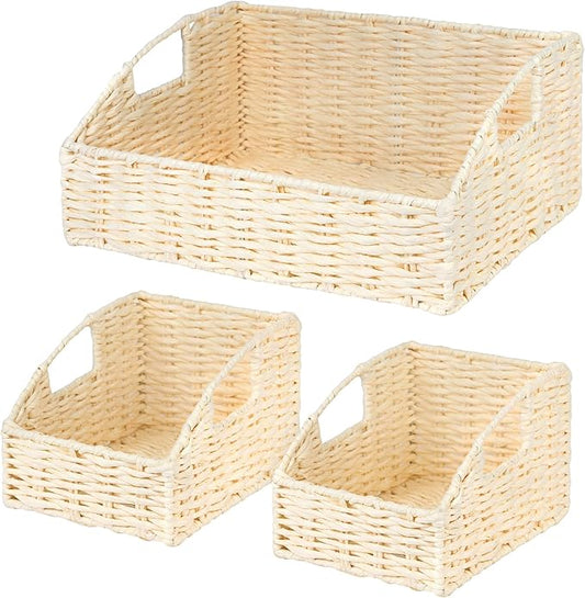 Ollieroo Rattan Storage Baskets, Handwoven Wicker Storage Bins with Built-in Handles, Storage Container Baskets for Shelves, Bedroom, Bathroom, Laundry Room or Kitchen(Beige)
