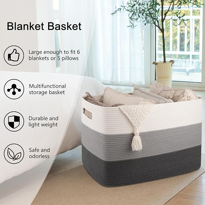 OIAHOMY 108L Super Large Blanket Basket, 25”x16”x16” Rectangle Woven Baskets for Storage, Cotton Rope Basket For Living Room, Toy Storage with Handle- Gradient Dark Grey