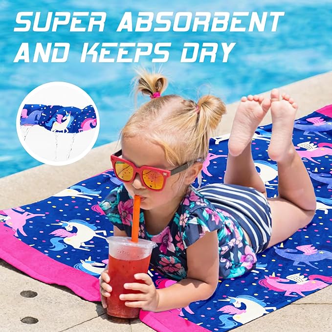 Hooded Towels for Kids -Toddler Beach Towel- Super Absorbent & Quick Dry 100% Cotton 30x50 Inch - to Kid Ages 3-10-Pink Unicorn Pattern Design