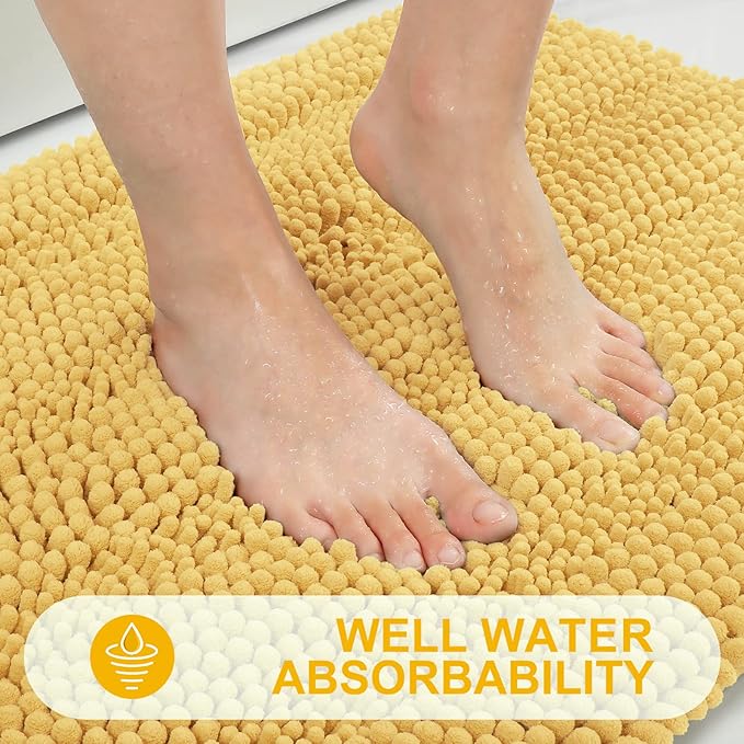 Grandaily Chenille Striped Bathroom Rugs 24x16, Extra Thick and Absorbent Bath Mats, Non-Slip Soft Plush Shaggy Shower Carpet, Machine Wash Dry, Bath Rug for Bathroom, (Small, Yellow)