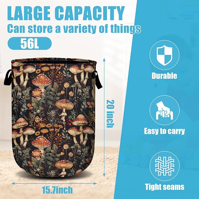 Mushroom Weed Laundry Basket, Laundry Hamper Collapsible Oxford Cloth with Handle Clothes Toy Storage Bin for Bathroom Laundry Room Bedroom 15.7 X 20 Inch