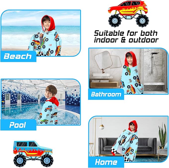 Hooded Towels for Kids -Monster Toddler Beach Towel- Super Absorbent & Quick Dry 100% Cotton 35x60 Inch - to Kid Ages 3-12-Truck Cars Swim Towels
