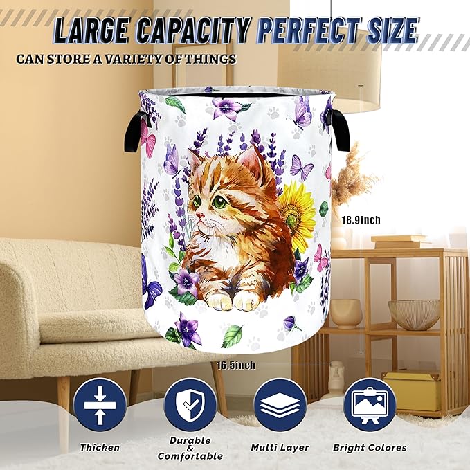 Cute Cats Laundry Basket Foldable Purple Flowers Butterfly Laundry Hamper With Handle Oxford Cloth Portable Clothes Storage Basket Animal Laundry Bag 18.9"x16.5" For Laundry Room/Bedroom/Bathrooms