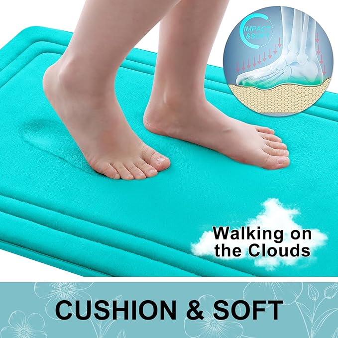 Grandaily Memory Foam Bath Mat Rug 24x16, Ultra Soft, Non-Slip and Absorbent Bathroom Rugs, Machine Wash Dry, Comfortable Bath Carpet for Bathroom Floor, Tub and Shower, Teal