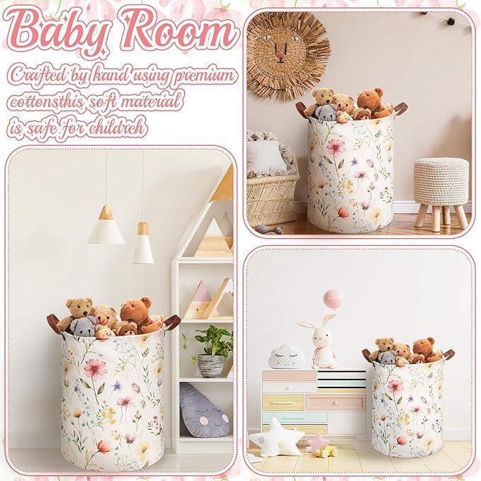 2 Pcs Wildflower Laundry Basket Coquette Storage Basket for Girls Nursery Hamper with Handles Foldable Waterproof Collapsible Storage Bin Organizer for College Dorms Bathroom