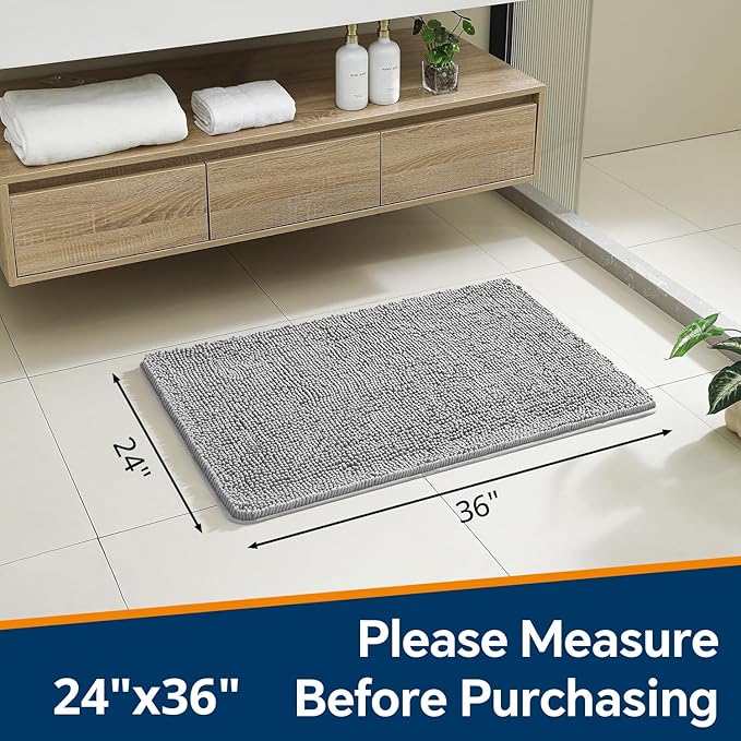 Gray Bathroom Rugs 24"x36" - Plush Chenille Non-Slip Bath Mat - Absorbent, Washable, Soft and Thick Decor for Shower, Sink, Tub, Home Accessories