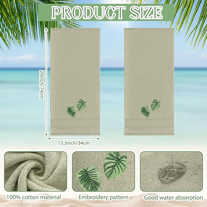 2 Pcs Tropical Palm Leaves Hand Towels Gray Green Bathroom Decor 14x29 Inch Embroidered 100% Cotton Soft Absorbent Spring Summer Washcloths Decorative Hand Towels for Bathroom Kitchen