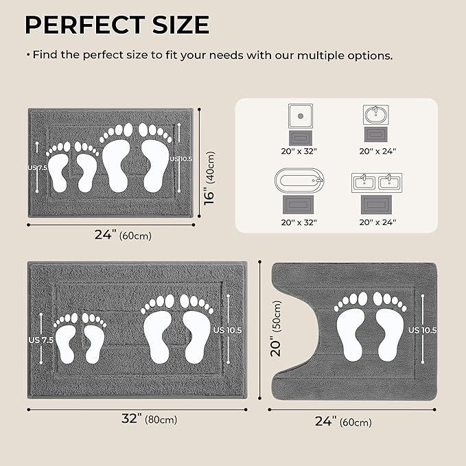 GRANNY SAYS Bathroom Rugs Sets 3 Piece, Soft Absorbent Microfiber Bath Mats for Bathroom Non Slip Washable, U-Shaped Toilet Bath Rugs for Tub Shower (Deep Grey, 16" x 24" + 20" x 32" + U Shaped)
